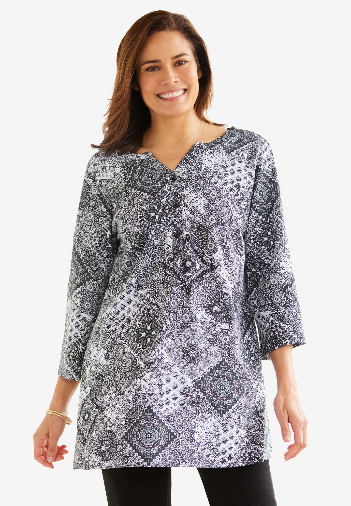 Henley Three-Quarter Sleeve Knit Tunic