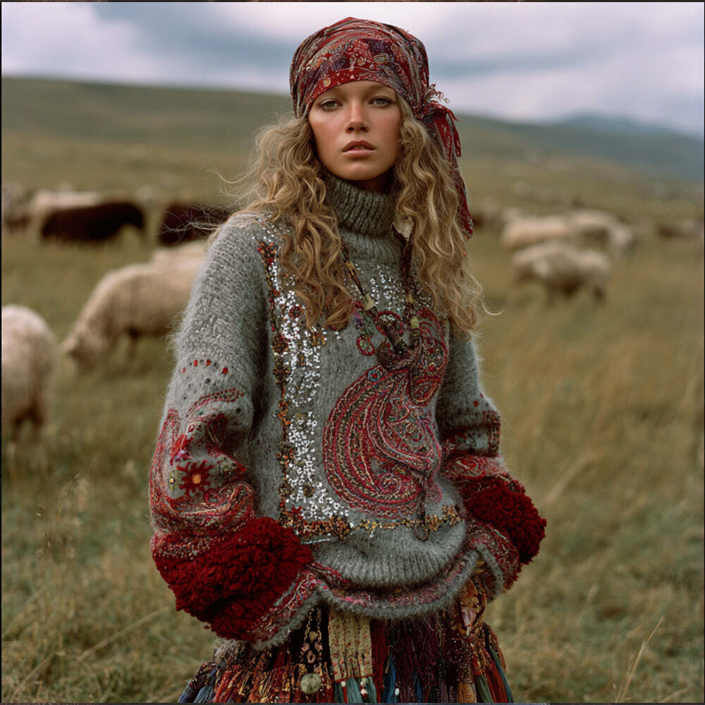 Women's Vintage Red Embroidered Sequined Sweater