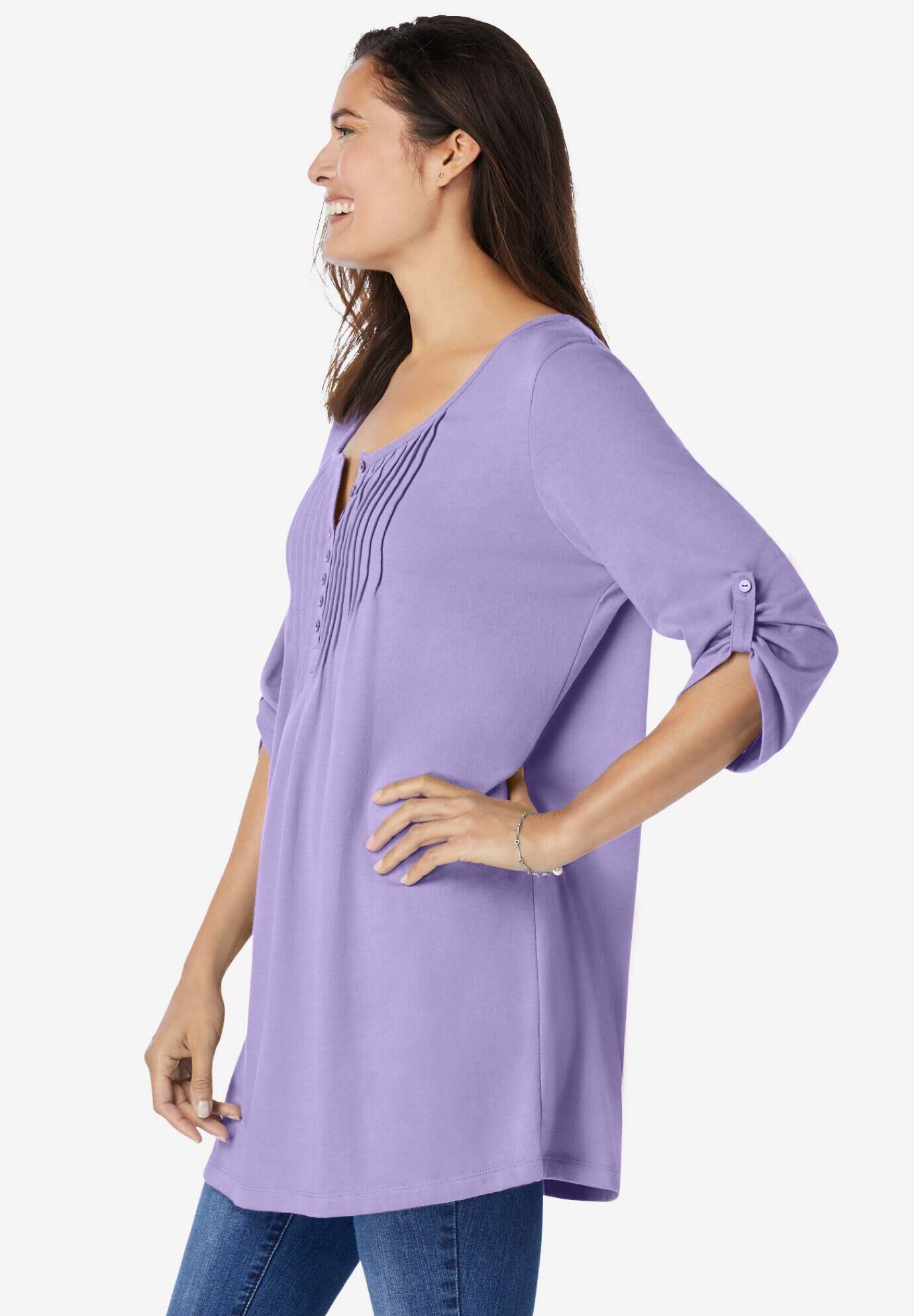 7-Day Three-Quarter Sleeve Pintucked Henley Tunic