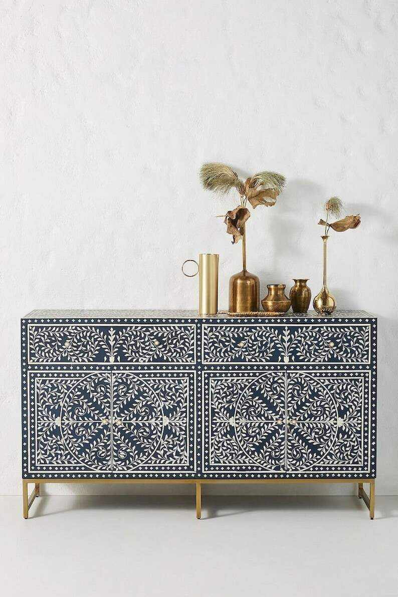 Handmade Bone Inlay Sideboard Table - Floral Hand Carved Wooden Furniture for Home Decor - Sideboard Buffet with Storage