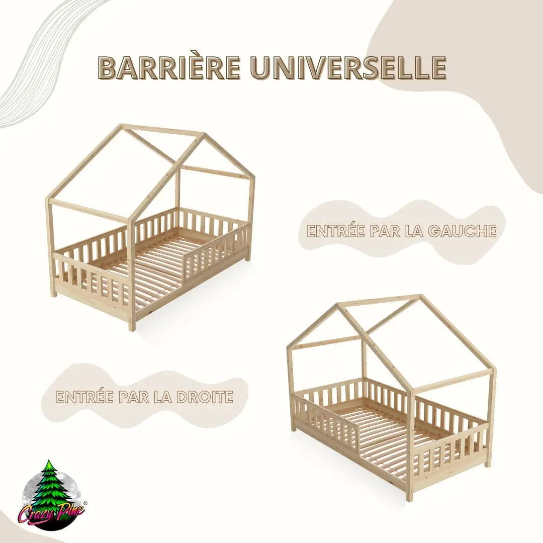 Clearance Sale Crazy Pine Cabin Bed 160x80 cm – Natural Wood Children's Bed with Barrier – Montessori Floor Bed with Height-Adjustable Legs and Removable Barrier - Crazy House