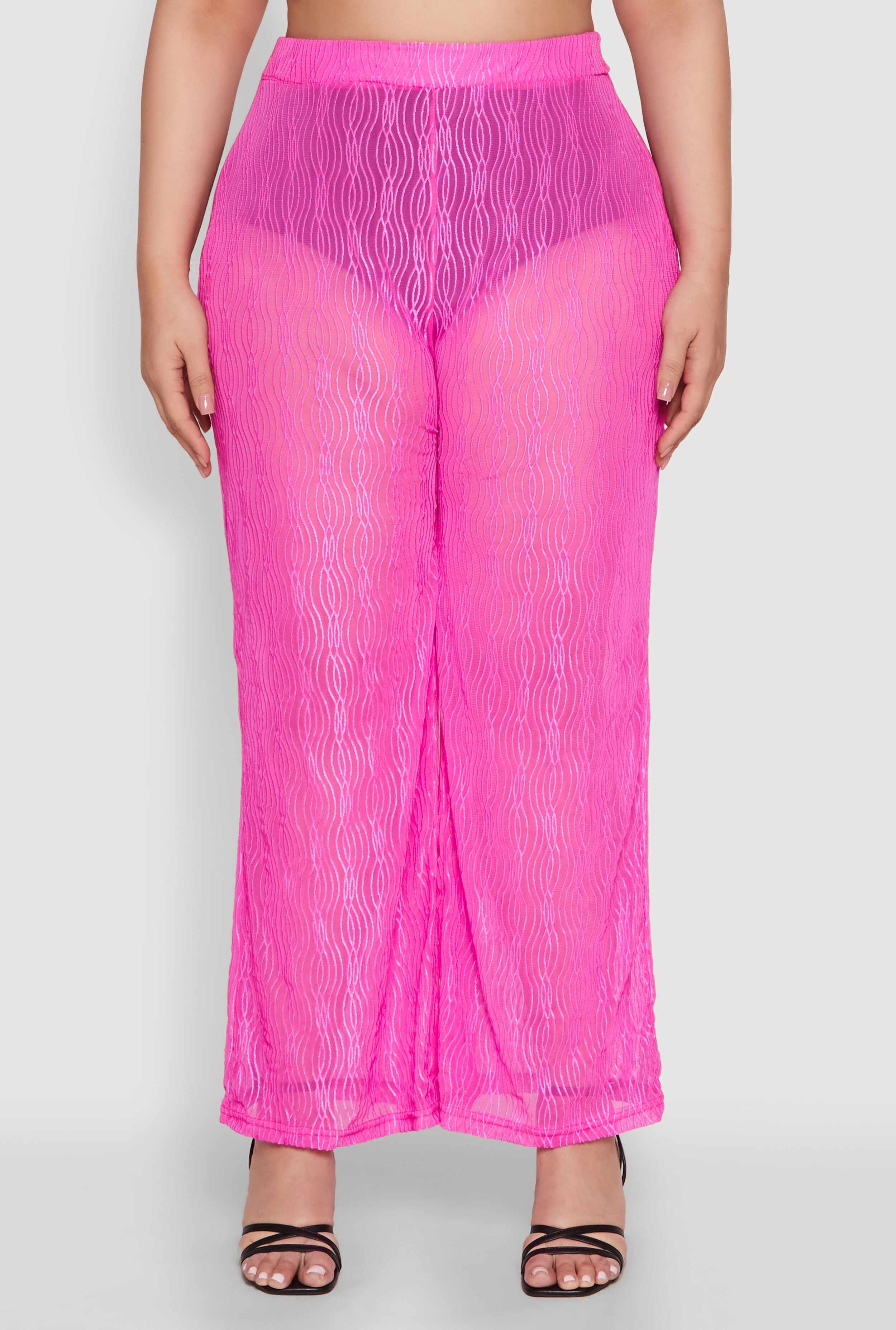 Plus Size Stylish High Waisted Wavy Stripe Mesh Palazzo Pants