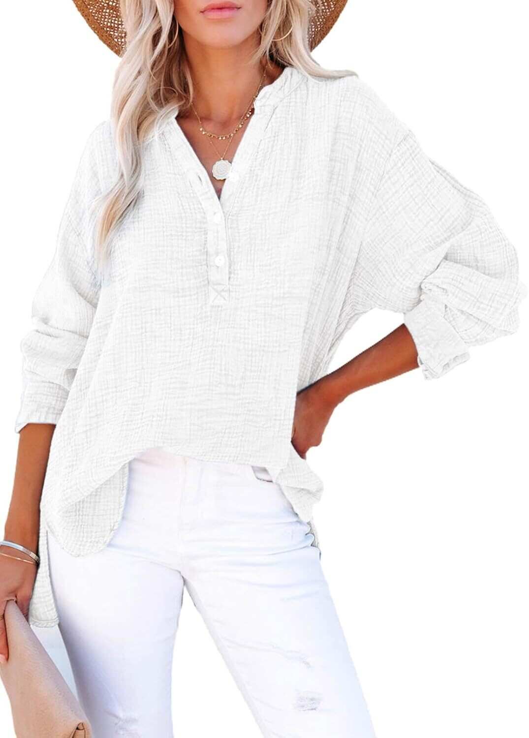 🔥10-Pack Womens Casual Gauze Button Neck Long Sleeve Oversized BlousesTops