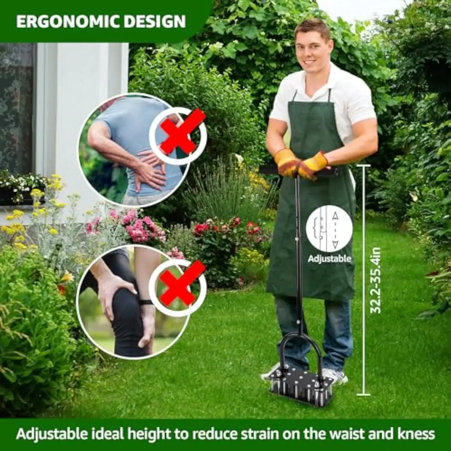 【FathersDayGift】 Lawn Aerator - Aerator Lawn Tool, Automatic Dirt and Leaf Clean Design, Heavy Duty Manual Lawn Aerator Tool with 15 Iron Spikes, Height Adjustable, Yard Grass Aerator for Lawn (Black)
