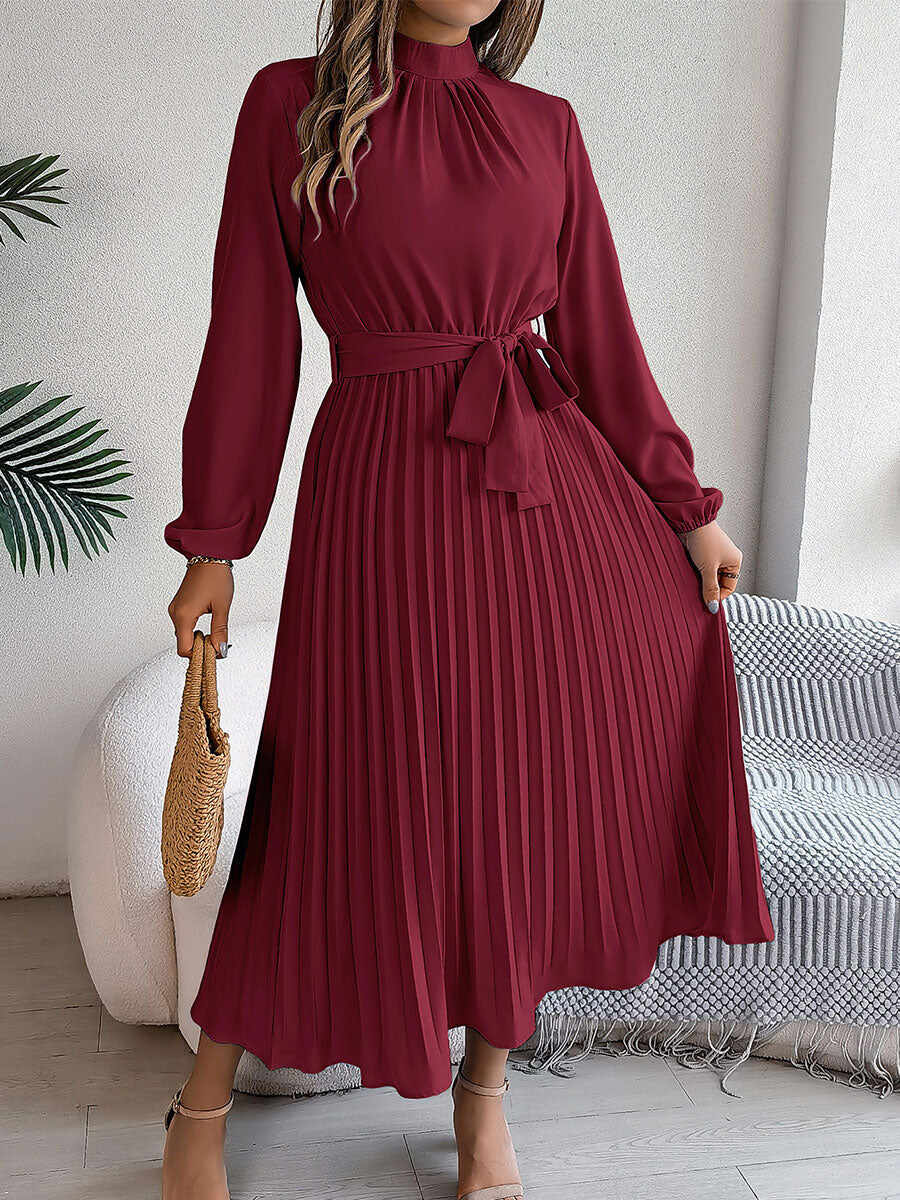 🔥Summer Arrivals🌟Women's Stand-up Collar Long-sleeved Lace Up Pleated Dress
