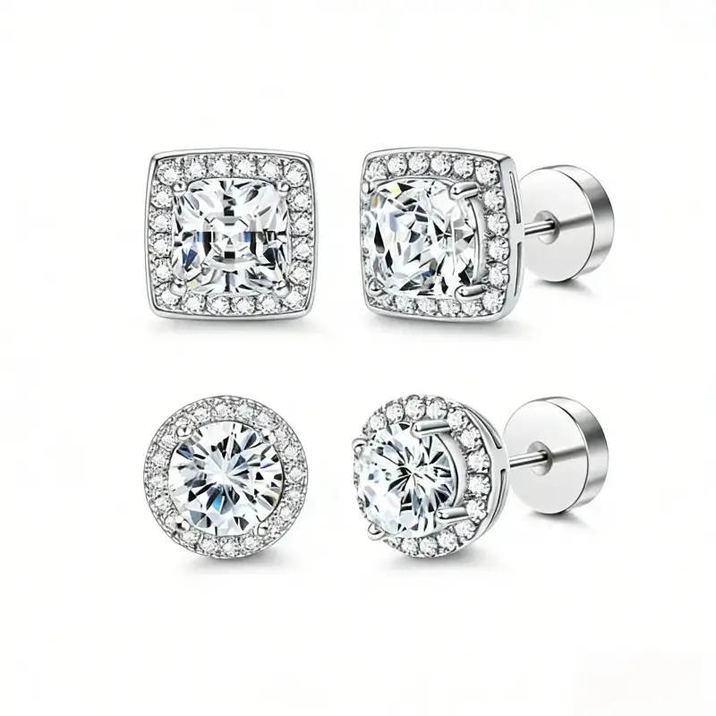 Women's Luxury 4-Piece Halo Zircon Stud Earring Set — Available in Gold/Silver Two-Tone and Round/Square Styles; Hypoallergenic Material — A Gift for Her; Includes Ear Backs and an Exquisite Jewelry Box — The Perfect Gift for Her.,summerwins