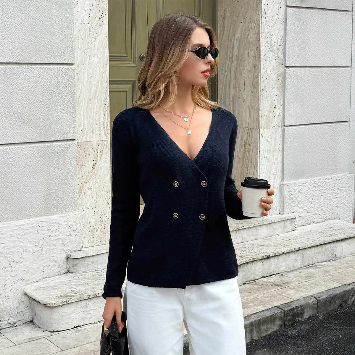 Deep V-neck Button Long Sleeve Jacket Sweater Women's Wear