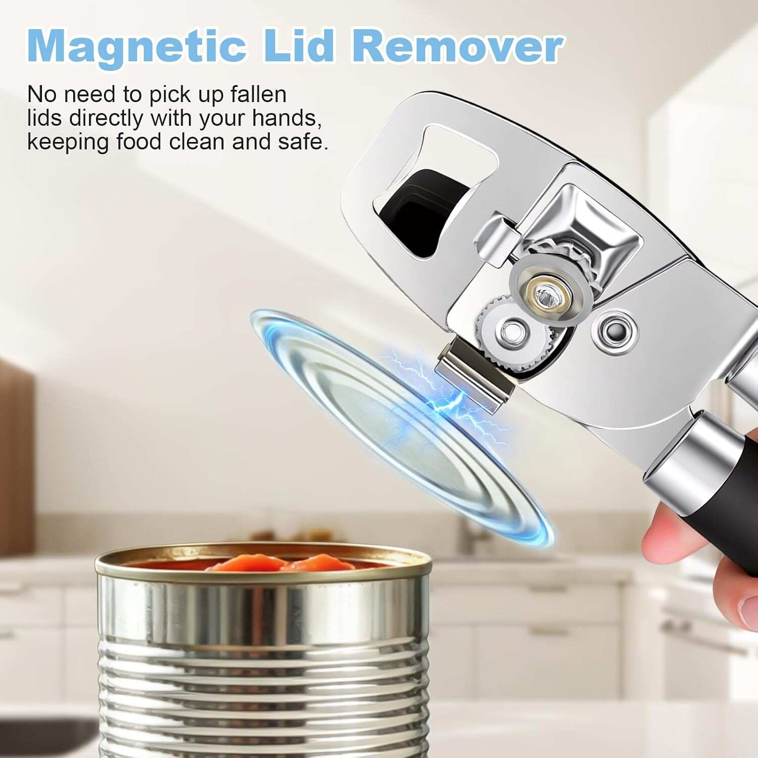 Can Opener Manual, Heavy Duty Stainless Steel Can Opener and Bottle Opener with Magnet, Multifunctional Kitchen Tool, Sharp Cutting Wheel, Soft Ergonomic Handle, Oversized Turn Knob, Black