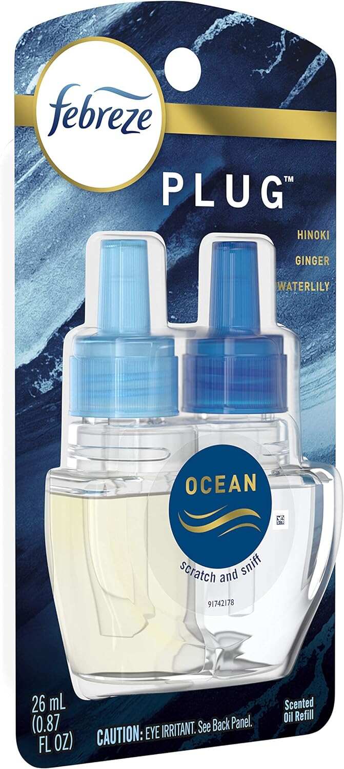Febreze Odor-Fighting Fade Defy PLUG Air Freshener, Mountain, Ocean, Amber, (3) .87 fl. oz. Oil Refills