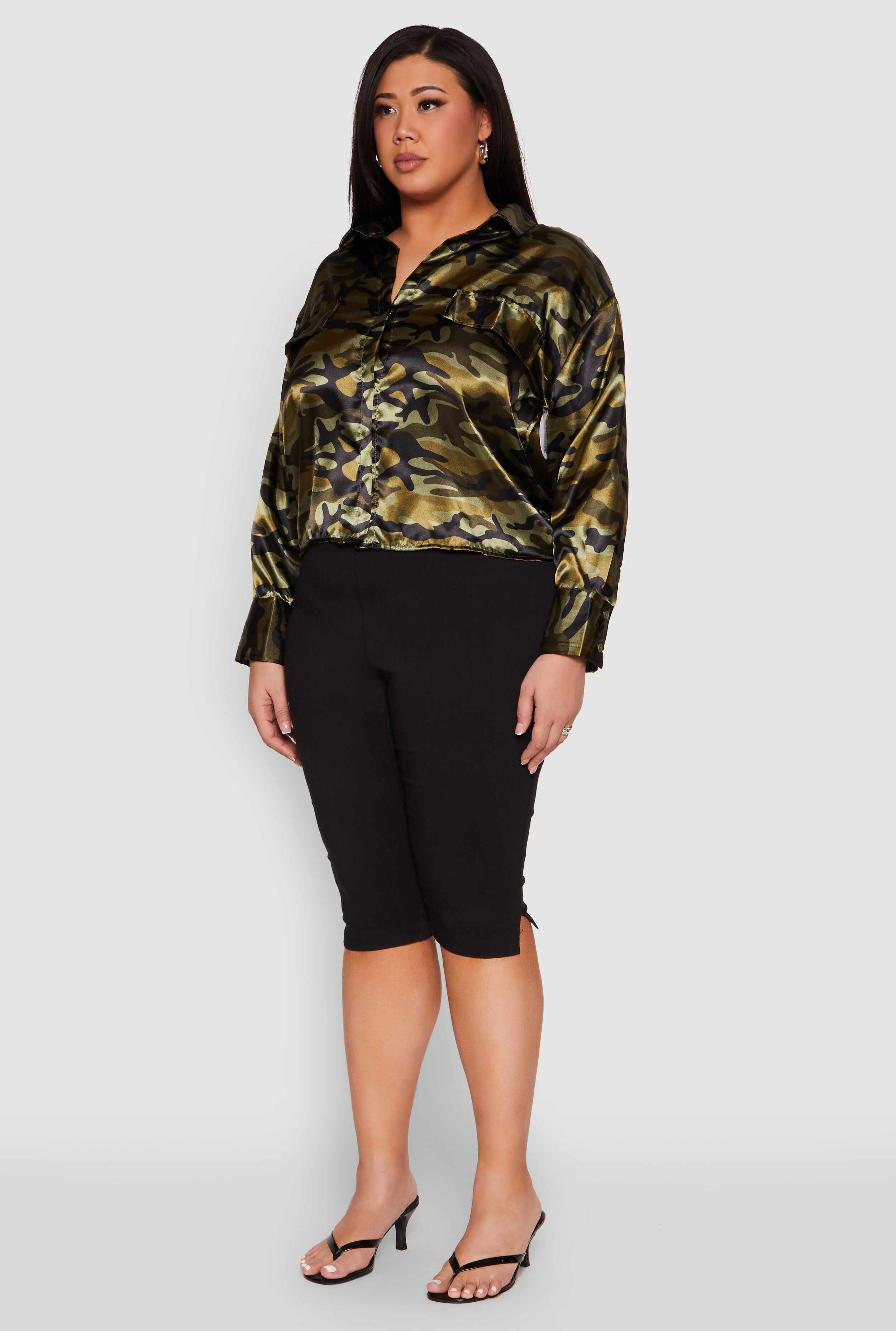 Plus Size Camo Satin Shirt