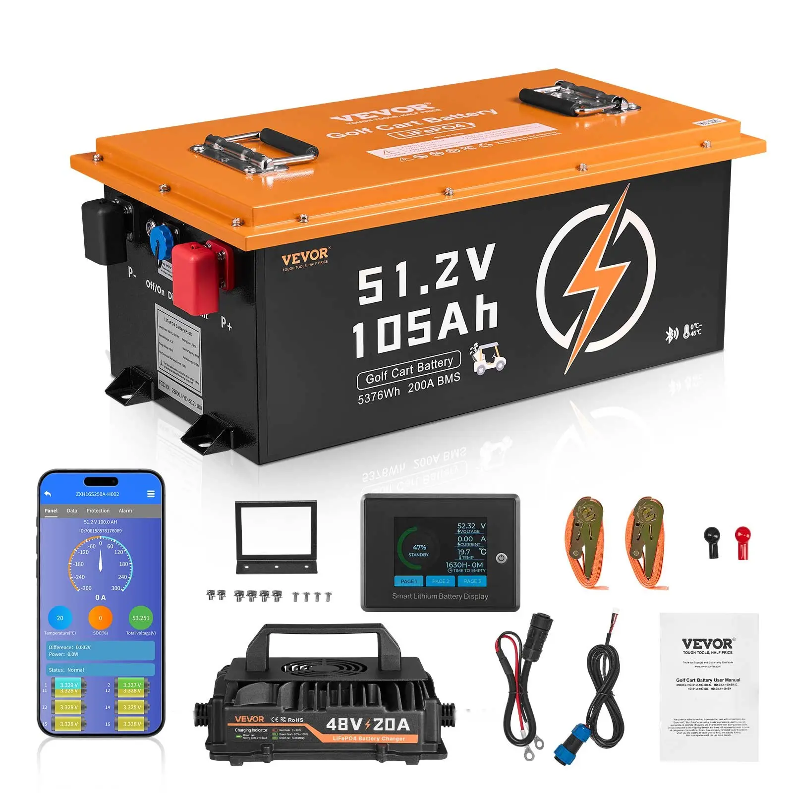 48V（51.2V) 105Ah Golf Cart Lithium Battery,48 Volt Golf Cart Battery with 200A BMS, LCD Monitor and Mobile APP, LiFePO4 Battery with 600A Peak Current, 20A Charger and 4000+ Cycles, for Golf Carts