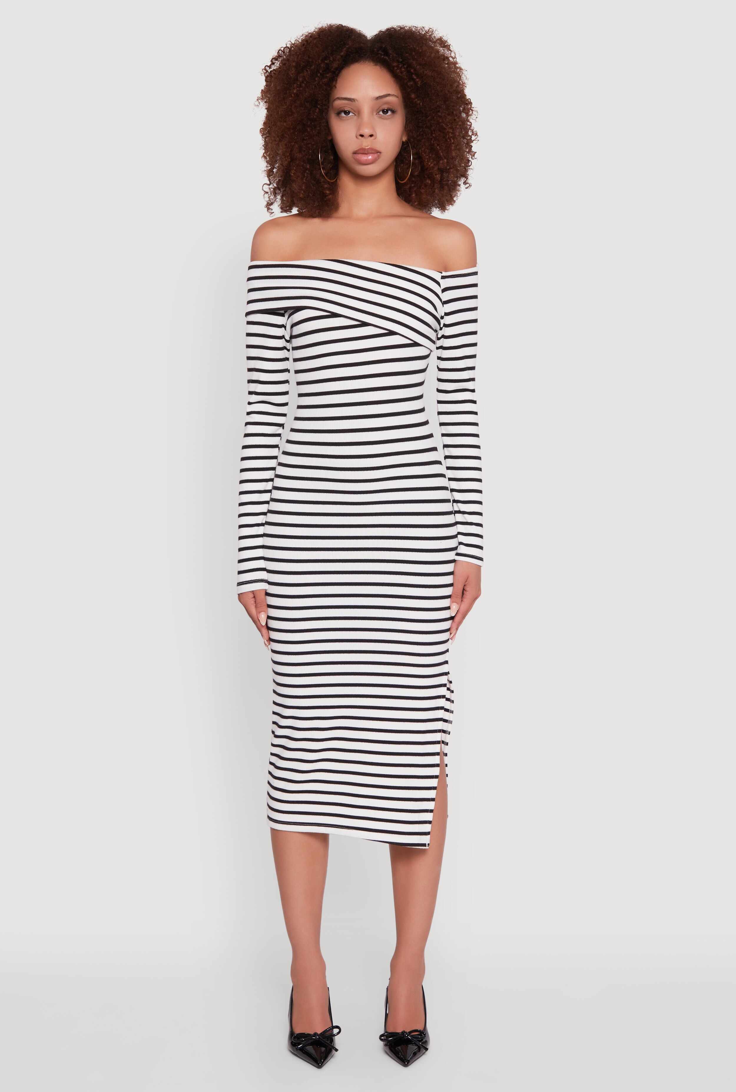Striped Asymmetrical Fold Over Off The Shoulder Side Slit Dress