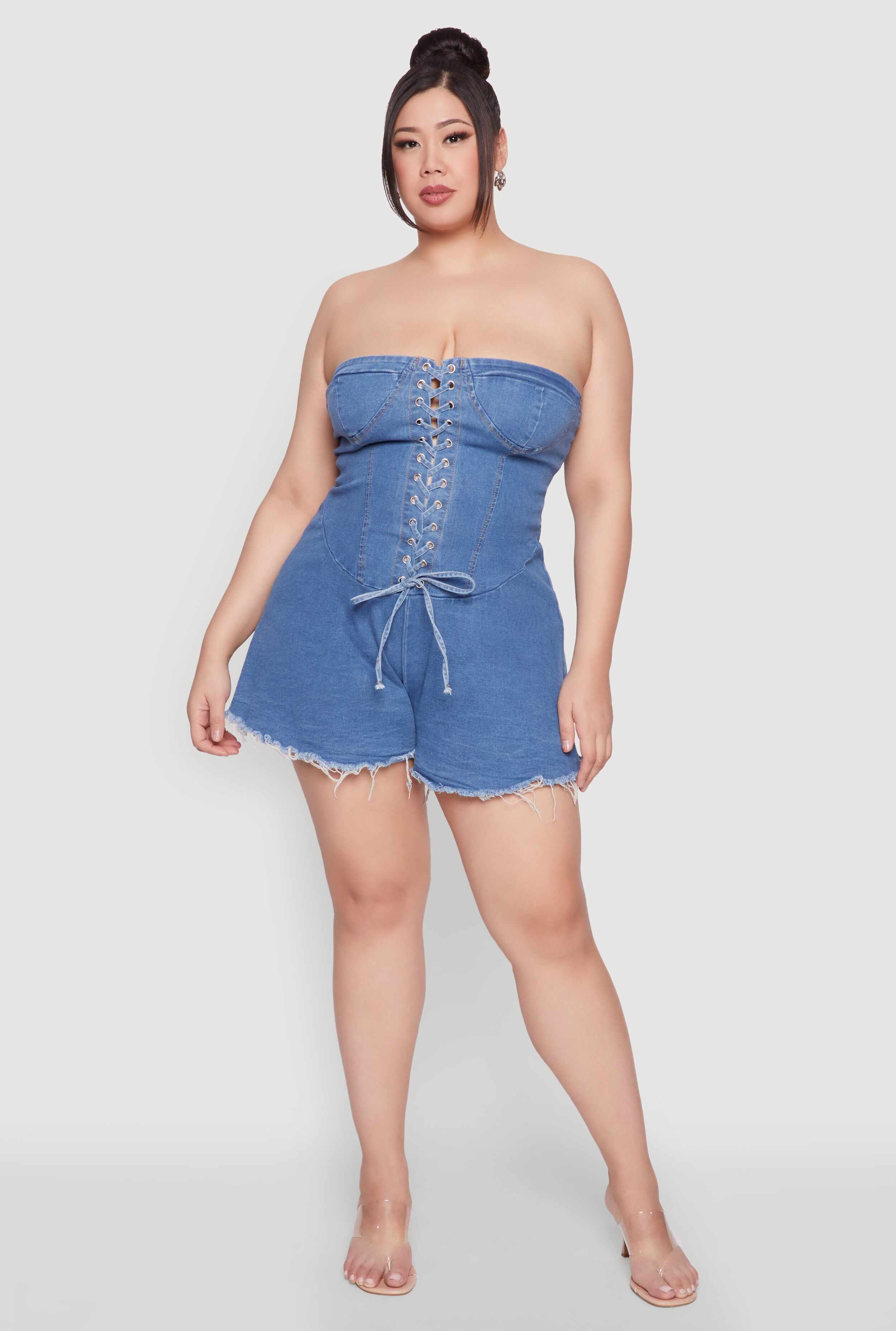 Plus Size Daisy Strapless Lace Up Denim Romper