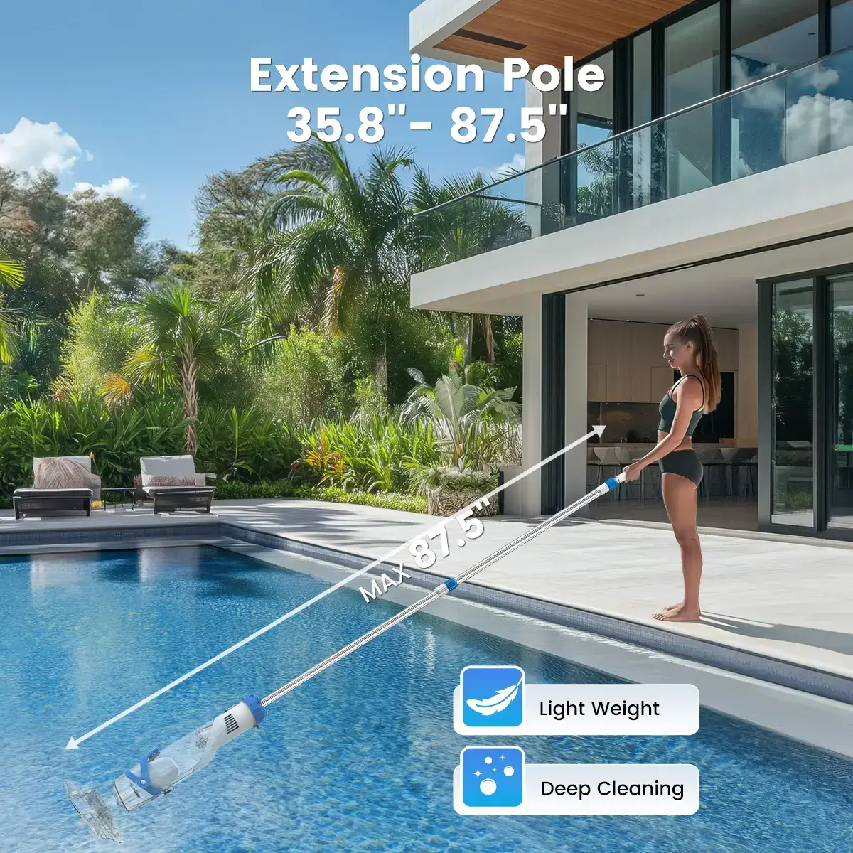 【Spring Cleaning】 New Upgrade PC18 Pool Vacuum for Above Ground Pool with Telescopic Pole, Running time up to 1H, Handheld Design with Powerful Suction up to 18.5 gallon/min Ideal for Leaves, Debris