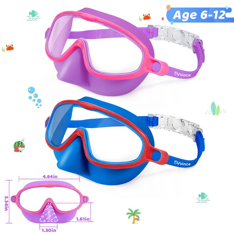 Swim Goggles 2 Pcs with Nose Cover for Ages 3-12+ Kids,Youth,UV Protection Anti-Fog Wide View Anti-Shattered Lens for Boys and Girls - Safety anti-uv swim glass anti-fog swimming goggles for Outdoor, Lake,Beach, Summer Party