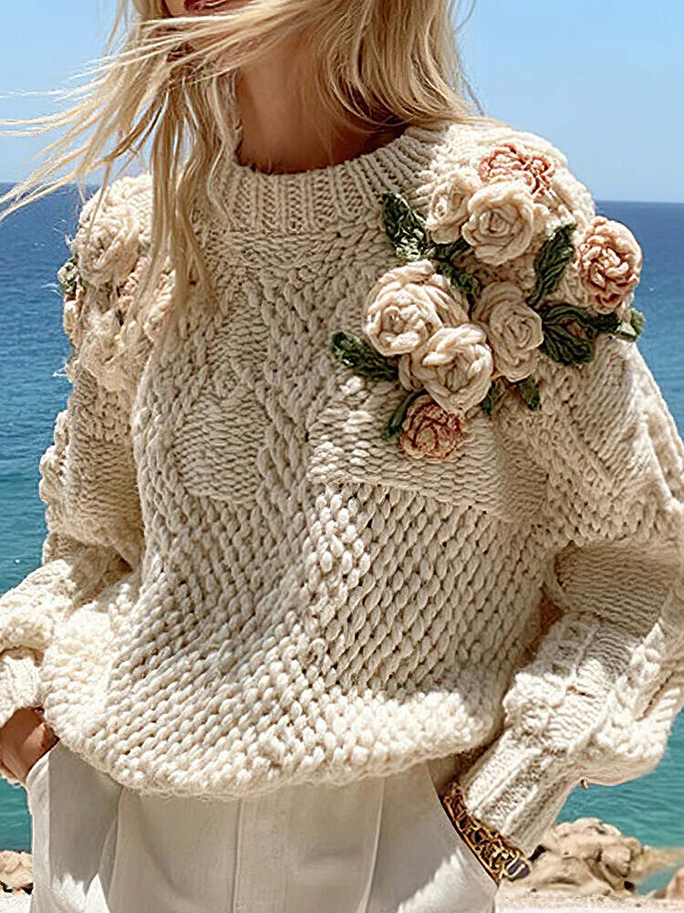Women's Boho Rose Chunky Knit Crew Neck Aran Sweater