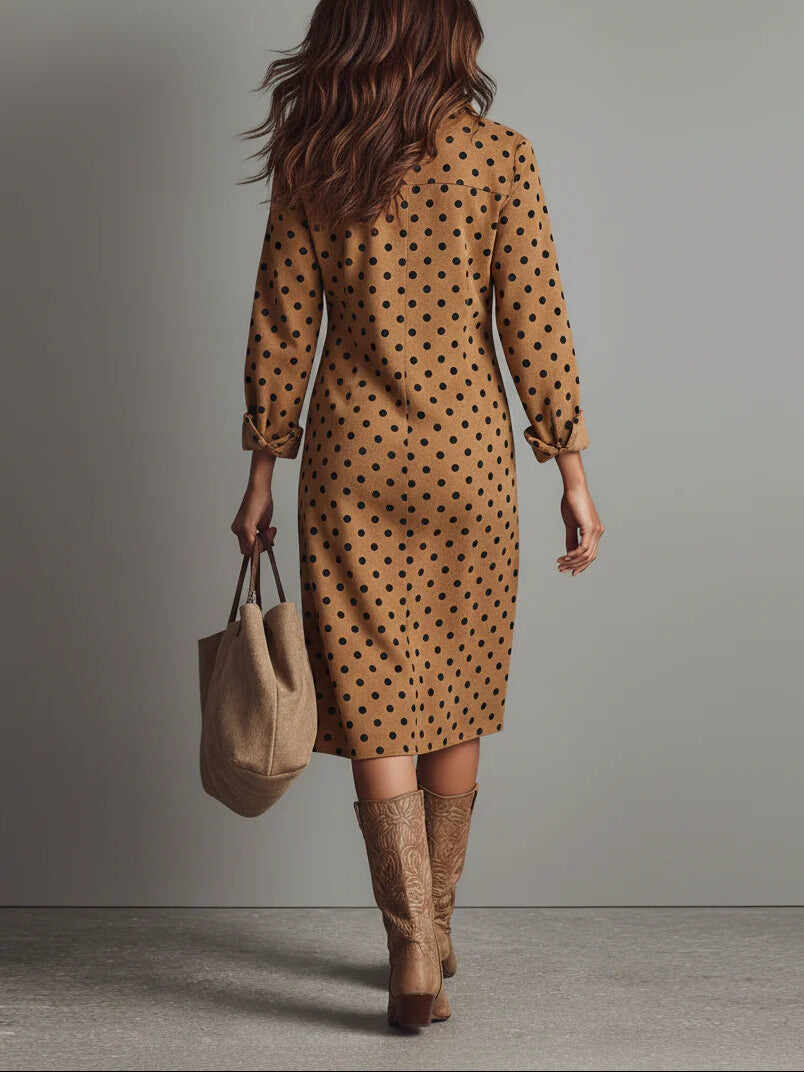 Polka Dot Faux Suede Shirt Midi Dress