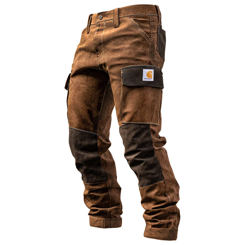 Men's Vintage Brown Suede Contrast Work Pants With Reinforced Knees