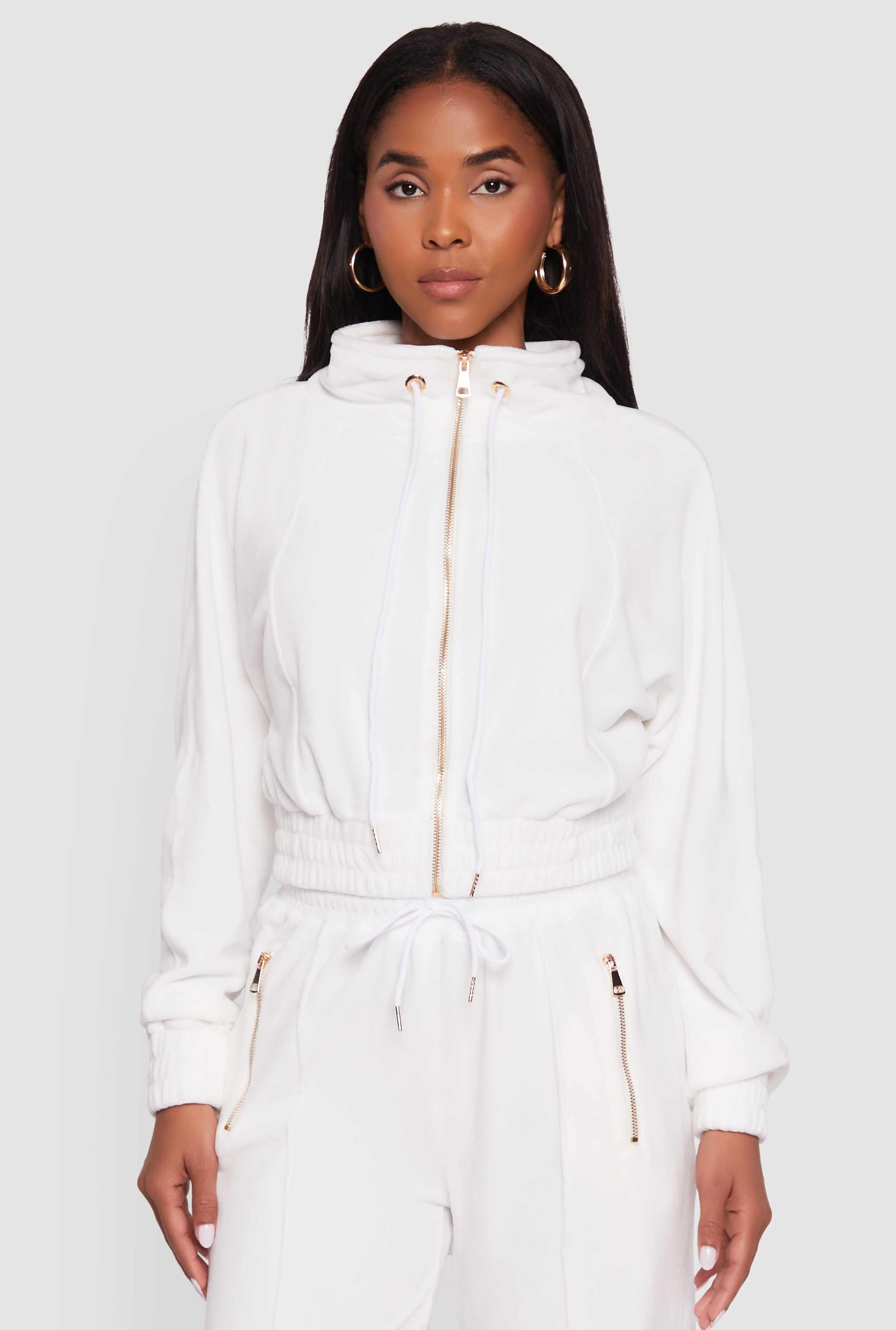 Velour Drawstring Mock Neck Cropped Zip Front Sweatshirt