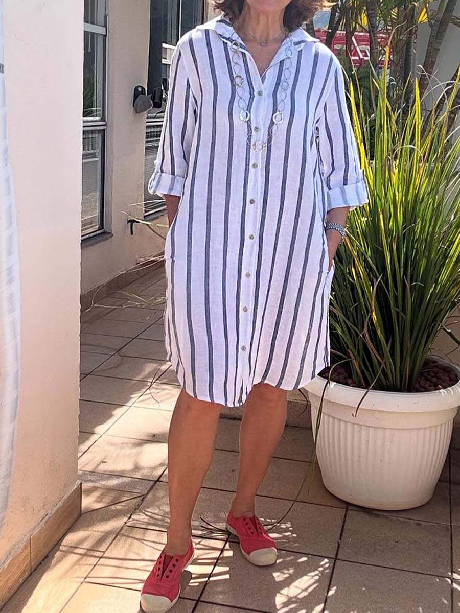 🔥Summer Arrivals🌟Women's Striped Print Lapel Long Sleeve Casual Cotton and Linen Shirt Dress
