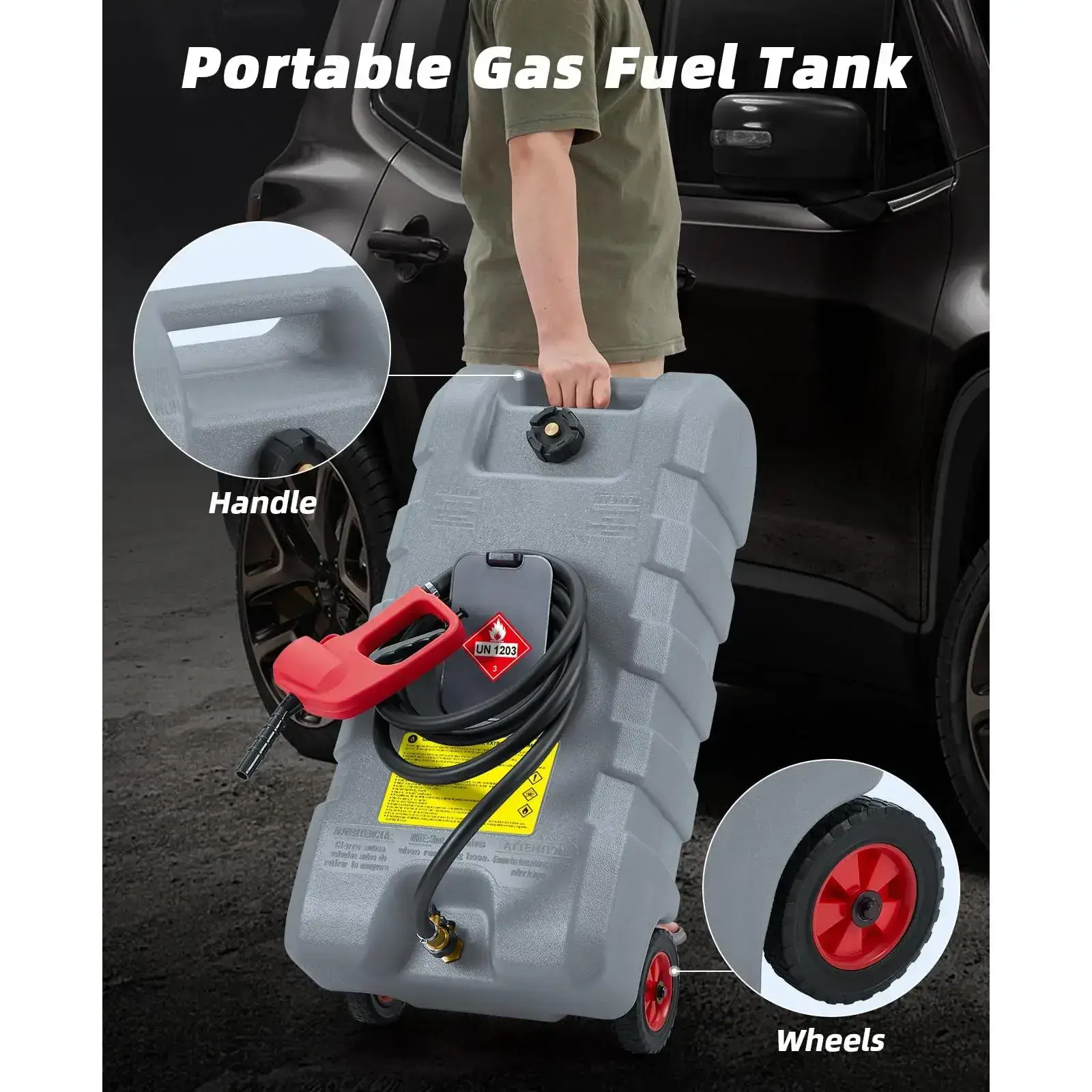 15 Gallon Portable Fuel Caddy with 10-ft Hose, Siphon Pump, and 7.5 L/min Manual Nozzle, Available in Gray, Red, and Yellow for Efficient Fuel Transfer and Storage.