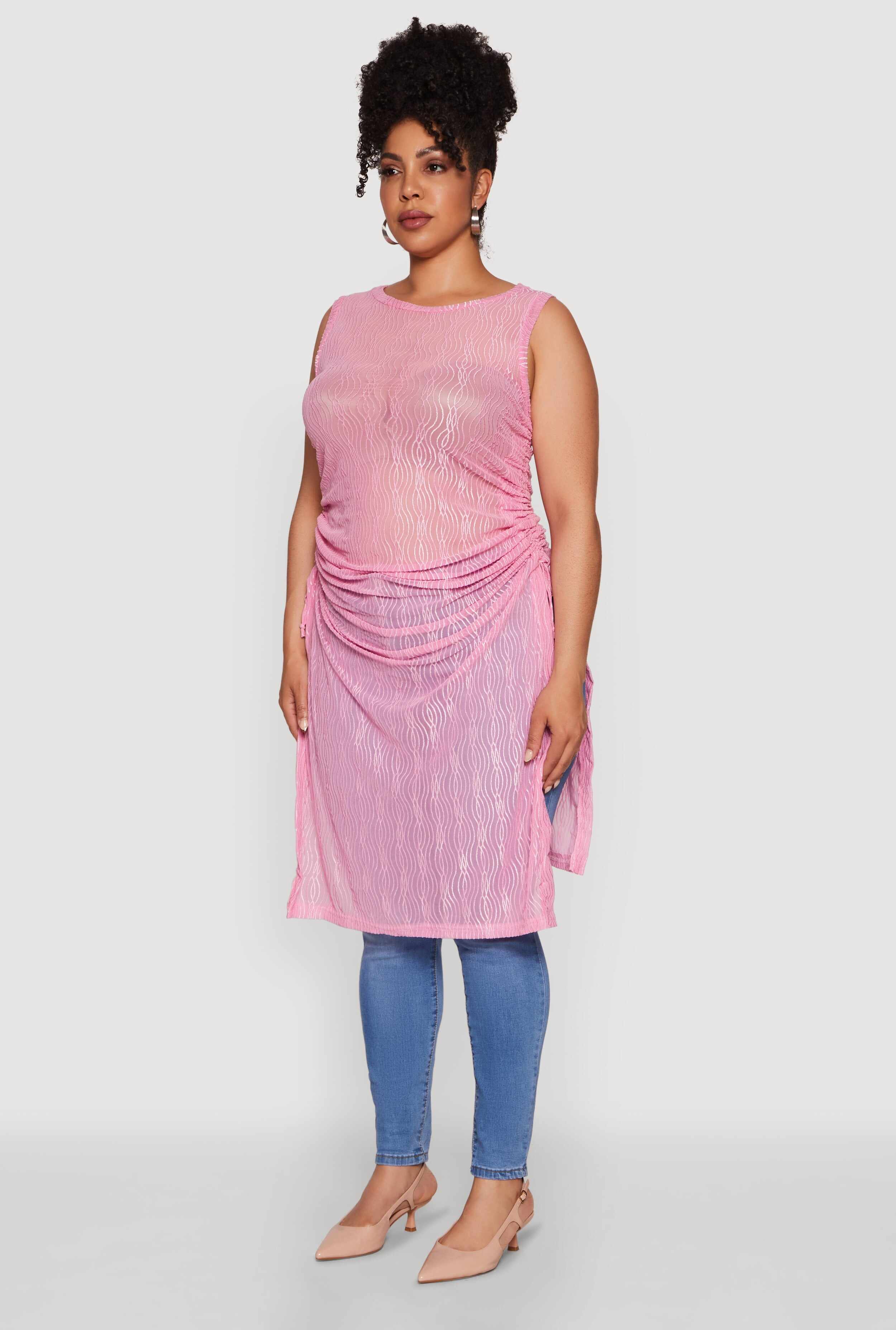 Plus Size Stylish Mesh Side Slit Tank Top with Ruching and Maxi Hem