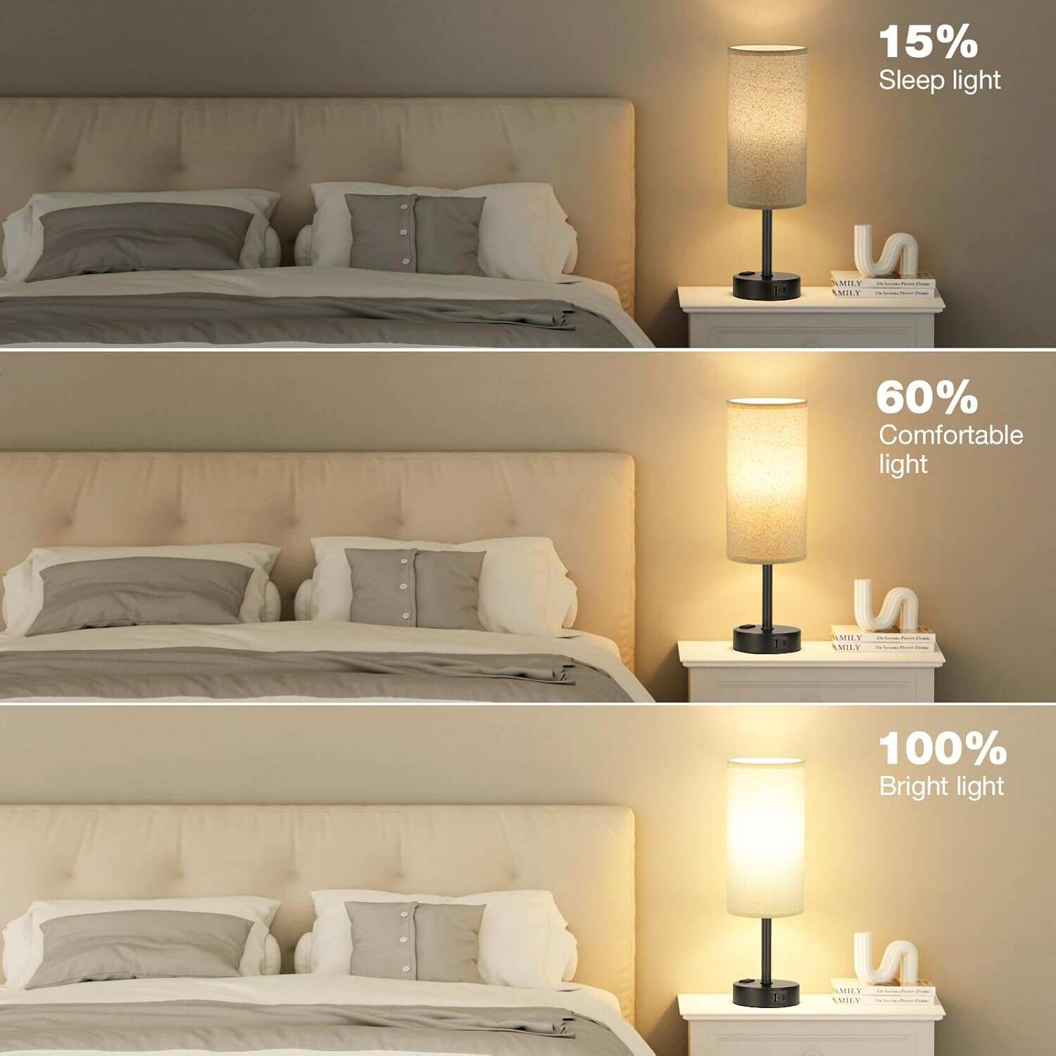 Bedside Table Lamp for Bedroom - 3 Way Dimmable Touch Lamp USB C Charging Ports and AC Outlet, Small Lamp Wood Base Round Flaxen Fabric Shade for Living Room, Desk, LED Bulb Included