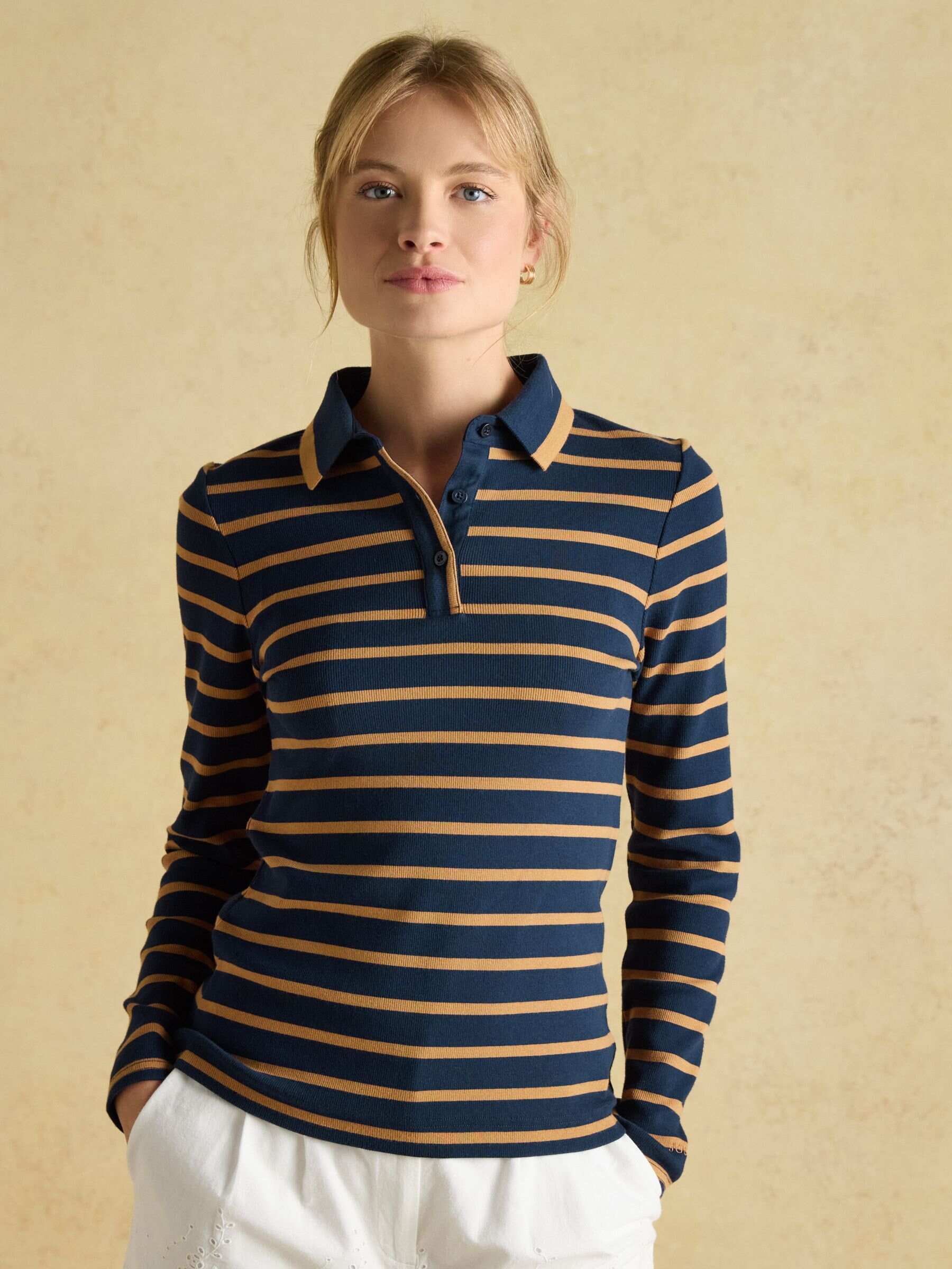 Fairfield Navy Blue & Brown Ribbed Long Sleeve Striped Polo Shirt