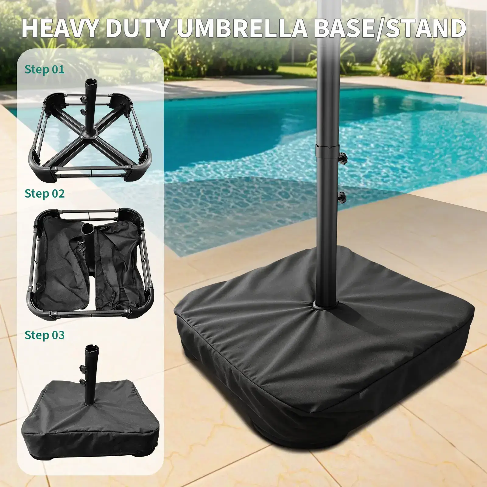 15ft Large Outdoor Patio Umbrella with Base – LED Light Option, Double-Sided, Crank Handle, Waterproof, Comes with Weighted Base and Sandbag, Accommodates 10 People