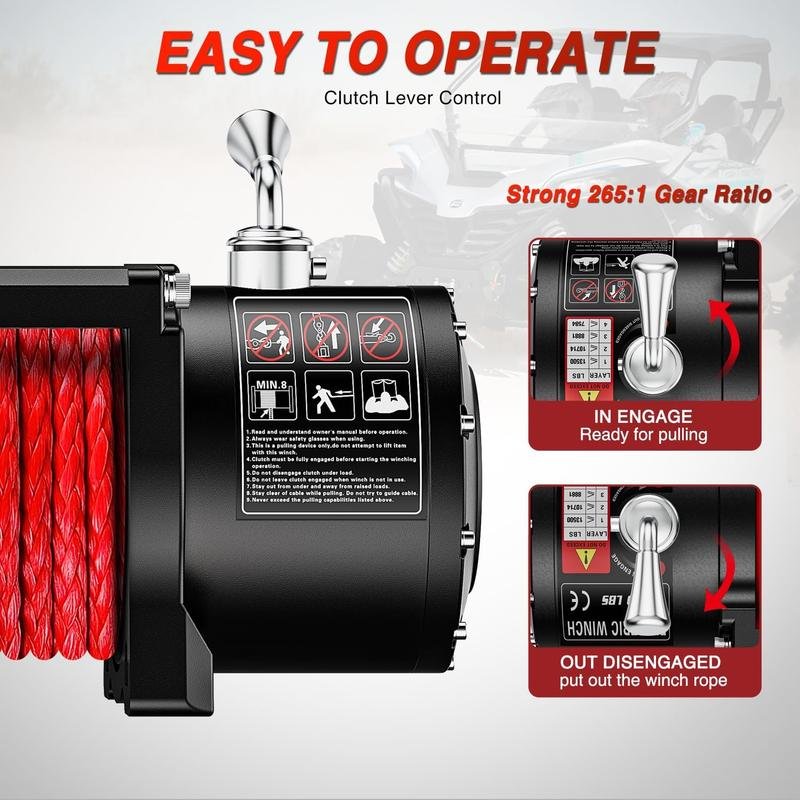 Electric Winch 12V Waterproof IP68 Towing Winches for Trailer Jeep ATV UTV Truck SUV 9500 LBS Portable Badlands Winch with Synthetic Rope Hawse Fairlead Wired Handle Wireless Remote Red Rope
