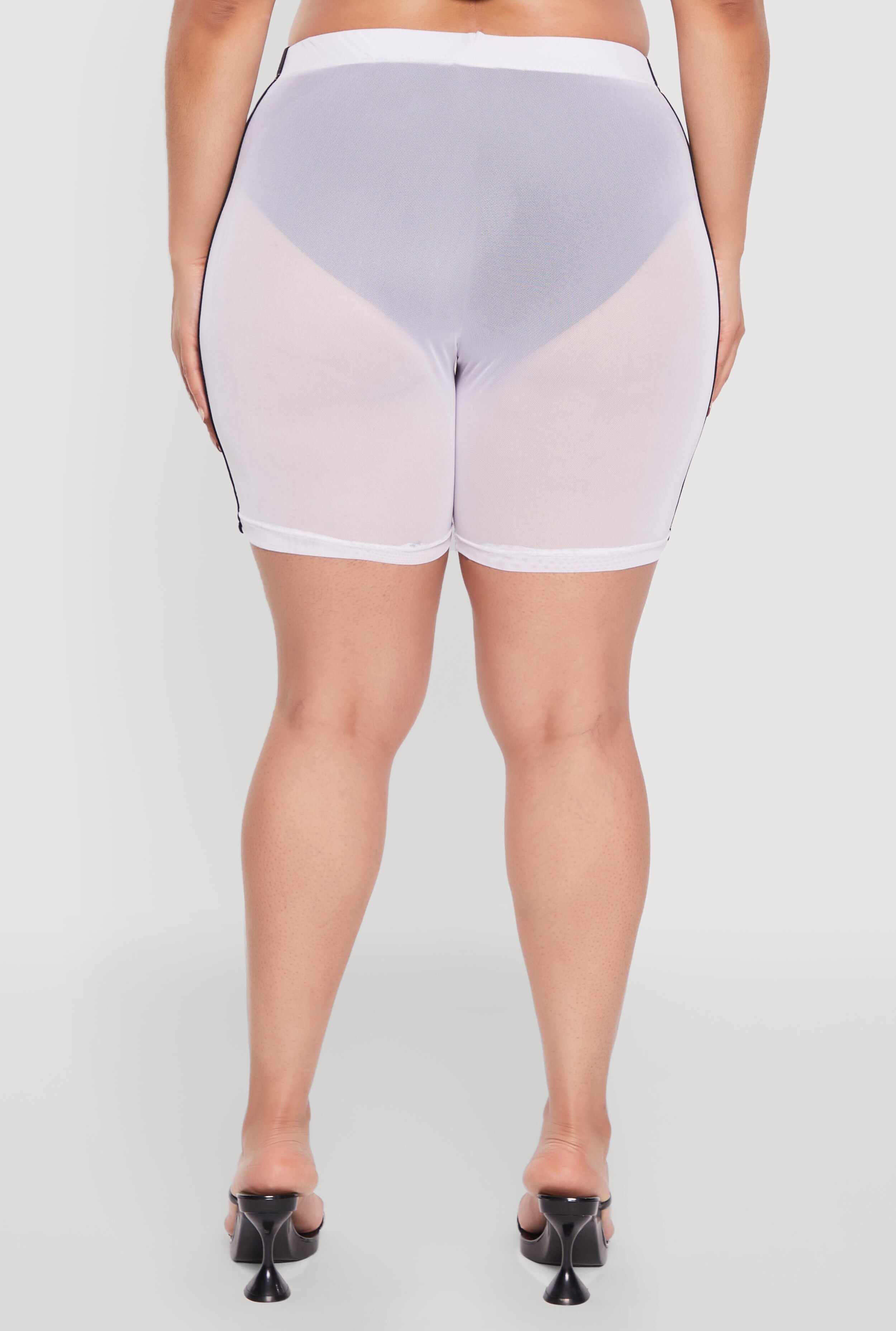 Plus Size Mesh High Waisted Bike Shorts with Varsity Stripe Details