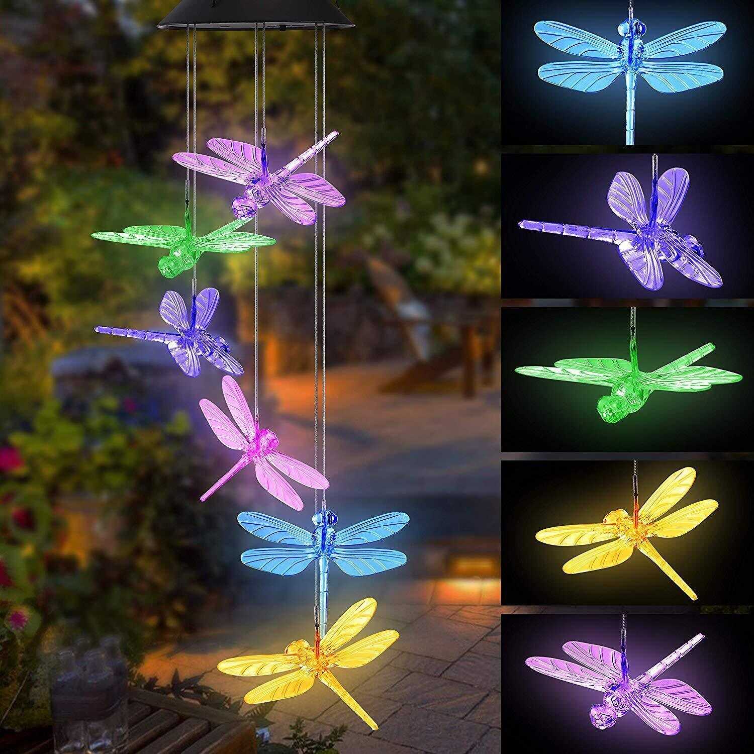 Color Changing Dragonfly Wind Chimes LED Mobile Solar Hanging Light