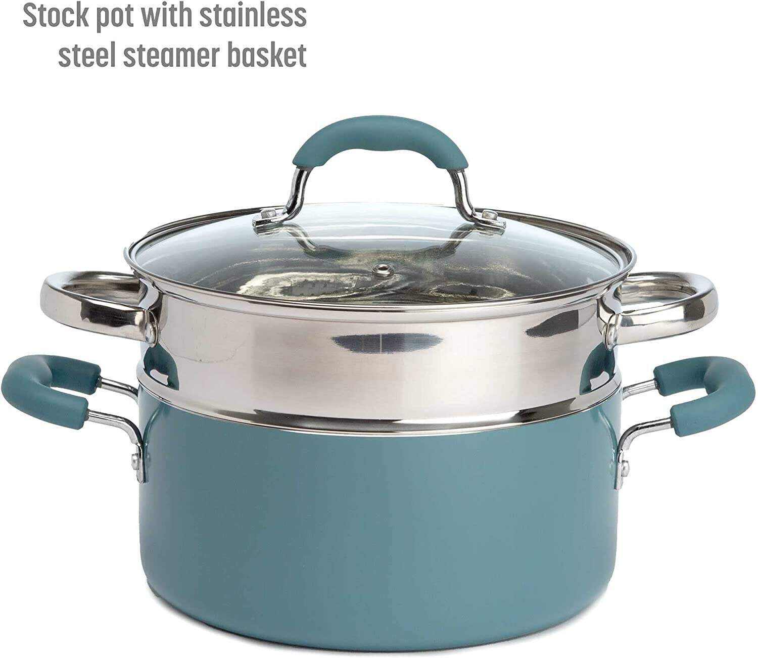Cookware Set with Premium Non-Stick, Dishwasher Safe Pots and Pans, Tempered Glass Steam Vented Lids, Stainless Steel Steamer, and Bamboo Cooking Utensils Set, 12-Piece, Charcoal Gray