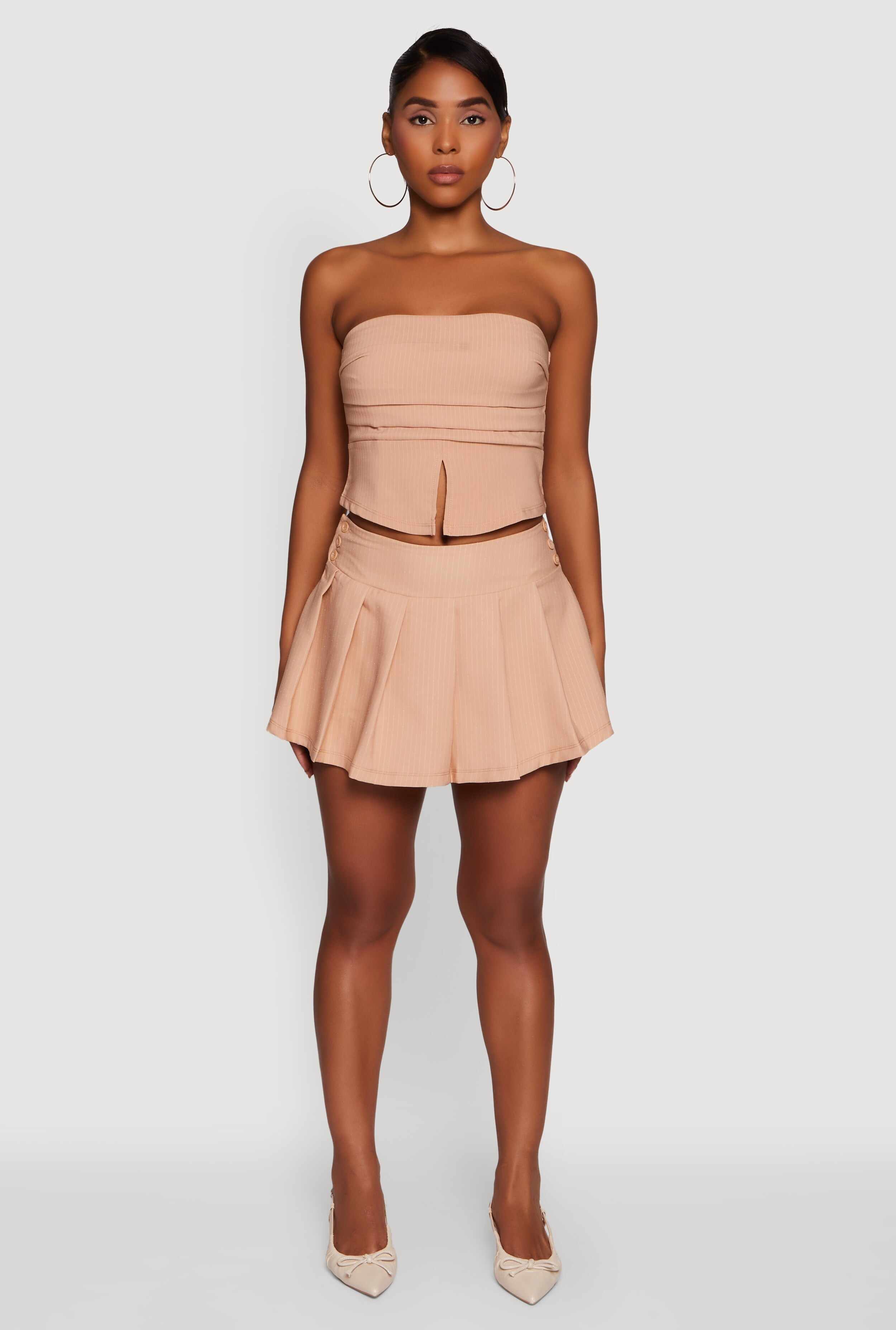 Haute Monde Pinstripe Button Detail Pleated Skort