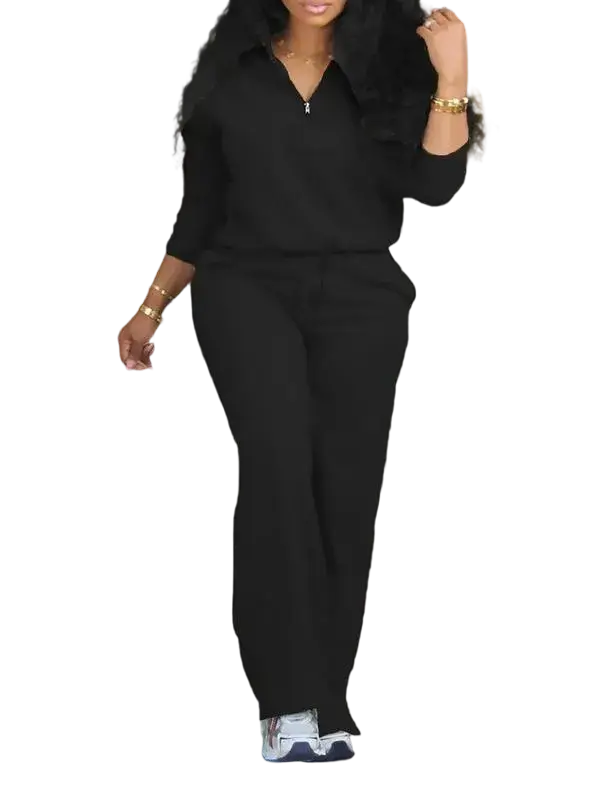 Women's Solid Half Placket Split Hem Pants Set