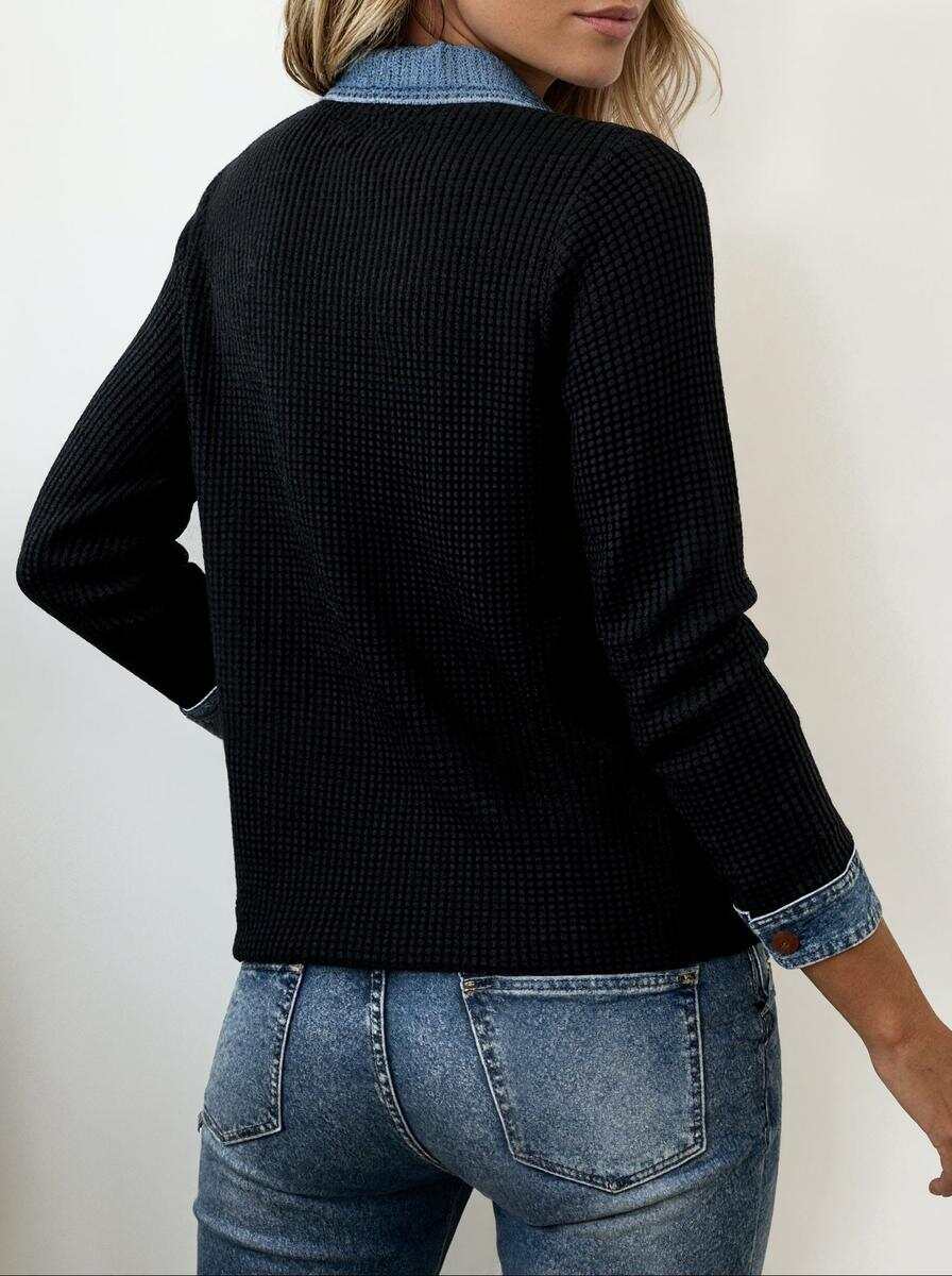 Cool Long Sleeve Denim Collar Button Front Top