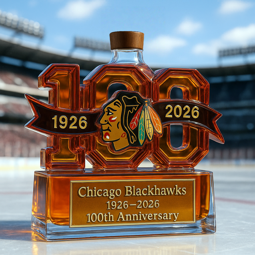 Chicago Blackhawks 100th Anniversary Whiskey Bottle