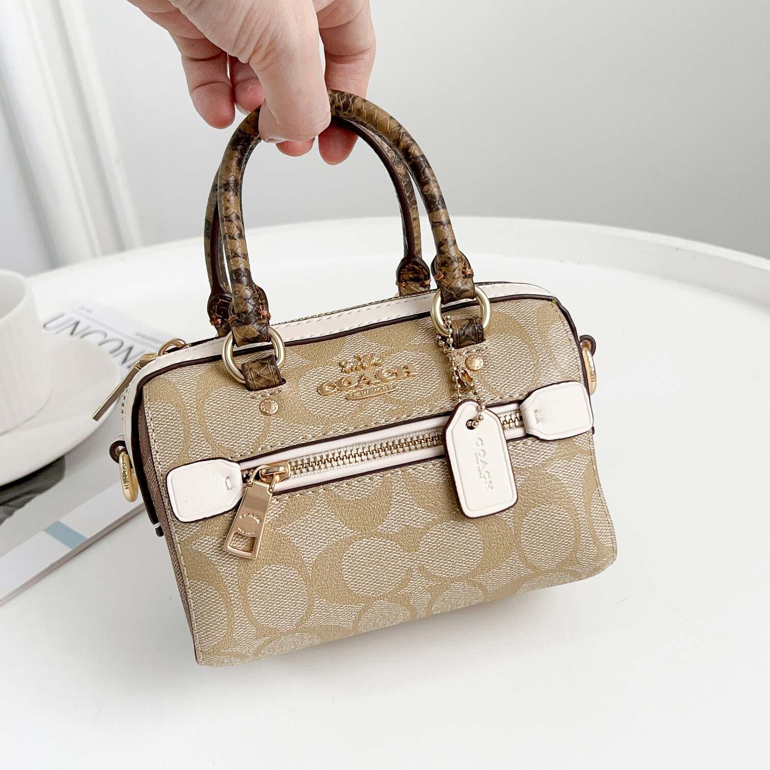 Mini Rowan Boston Bag – Signature Print with Leather Trim | Crossbody Shoulder Handbag with Removable Strap