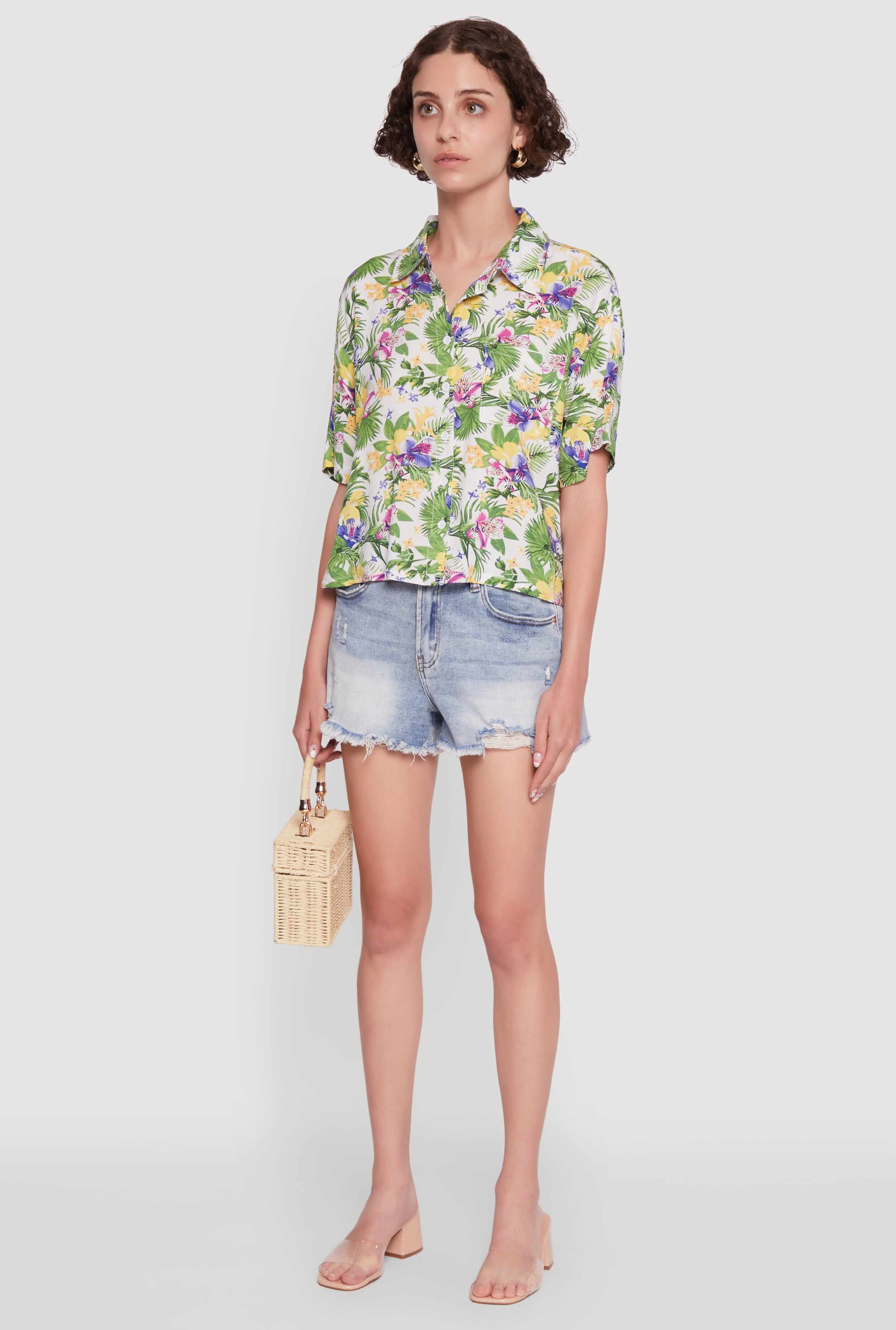 Trendy Tropical Floral Button Front Short Sleeve Shirt