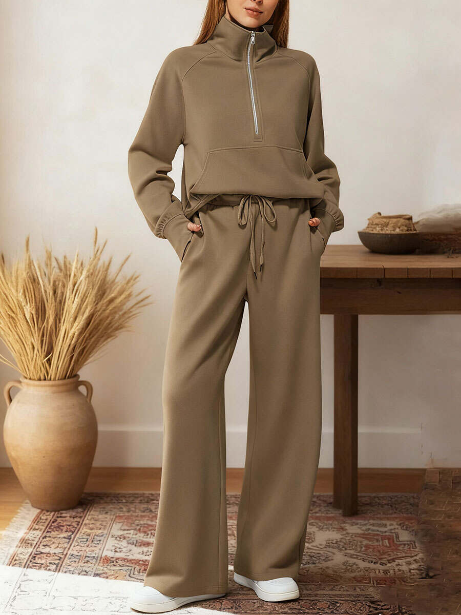 Women's Two-piece Set Half-zip Sweatshirt Wide-leg Pants Casual Suit.