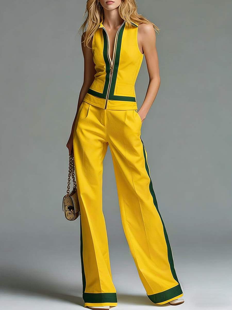 🔥Summer Arrivals🌟Women's Collared Sleeveless Casual Loose Top And High-waisted Casual Loose Wide-leg Pants Cotton Set