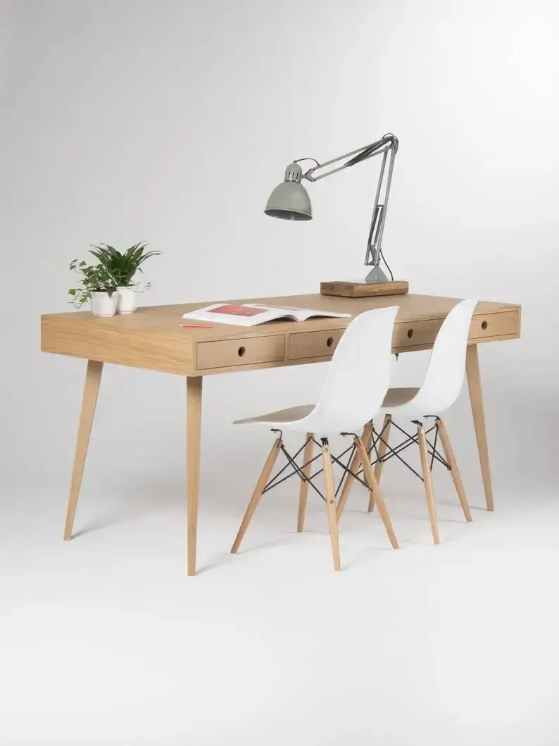 Home office desk, large computer table, oak wood, bureau with drawers, customized size and finish;Send 2 stool(pictured)