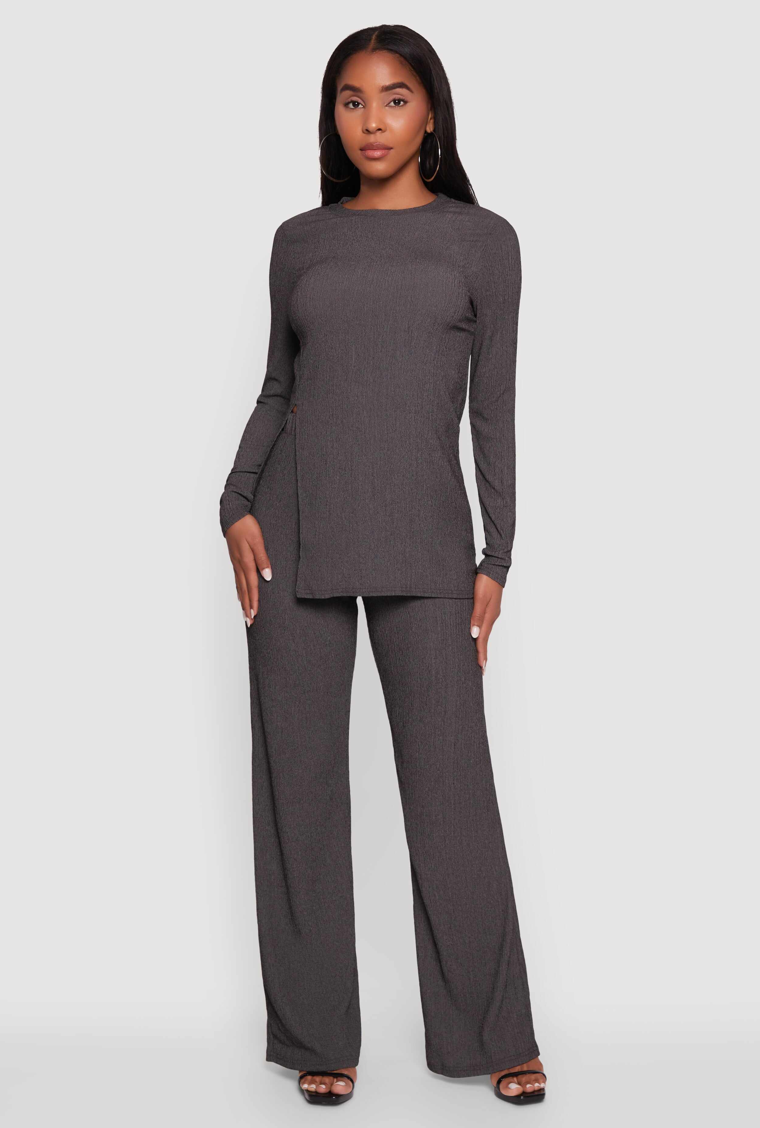 Seersucker Crew Neck Side Slit Long Sleeve Top