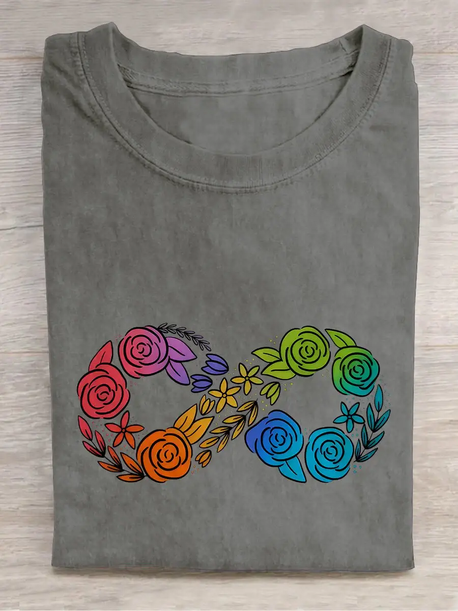 Neurodiversity Autism Floral Autism Awareness Casual Print T-shirt
