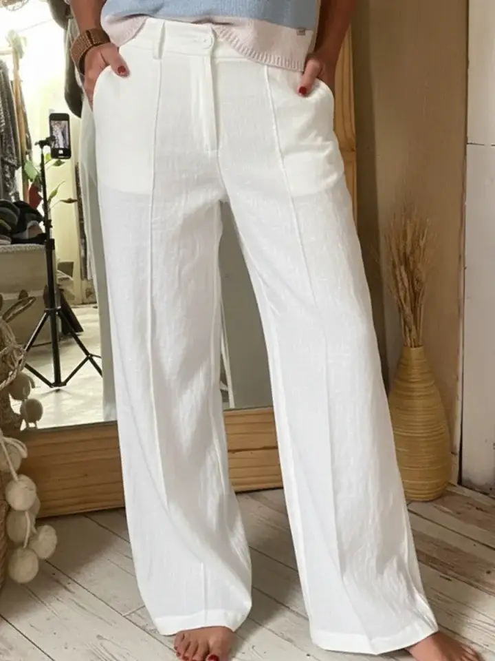 🔥Summer Arrivals🌟Classic Wooden Button Solid Color Linen Trousers
