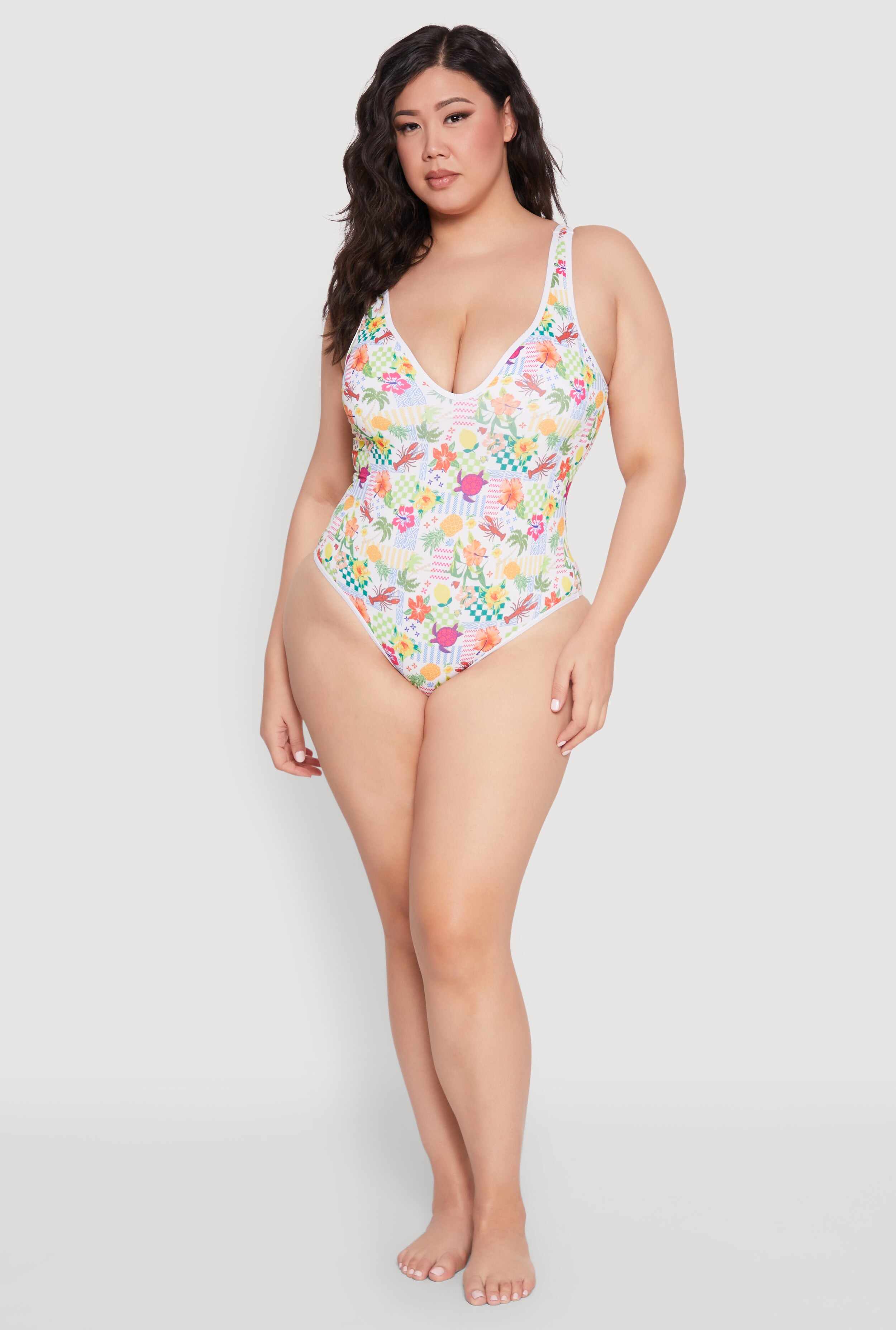 Plus Size Turtle Tropical Floral Print One Piece Swimsuit