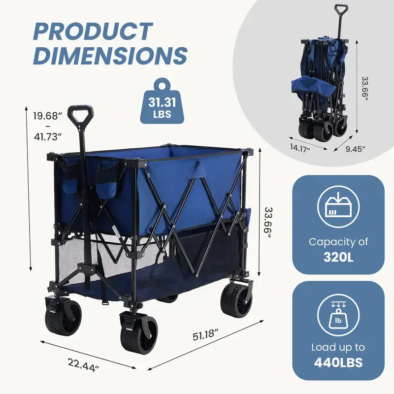Large Capacity Folding Double Decker Wagon with Brakes, 440 lbs Wagons Carts Foldable Wagon Cart with Flexible Handle, All-Terrain Big Wheels for Grocery Sports Garden Camping