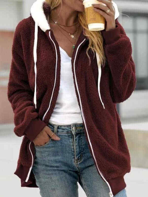Zipper Up Drawstring Hooded Loose Plush Jacket(⚡Clearance Sale)