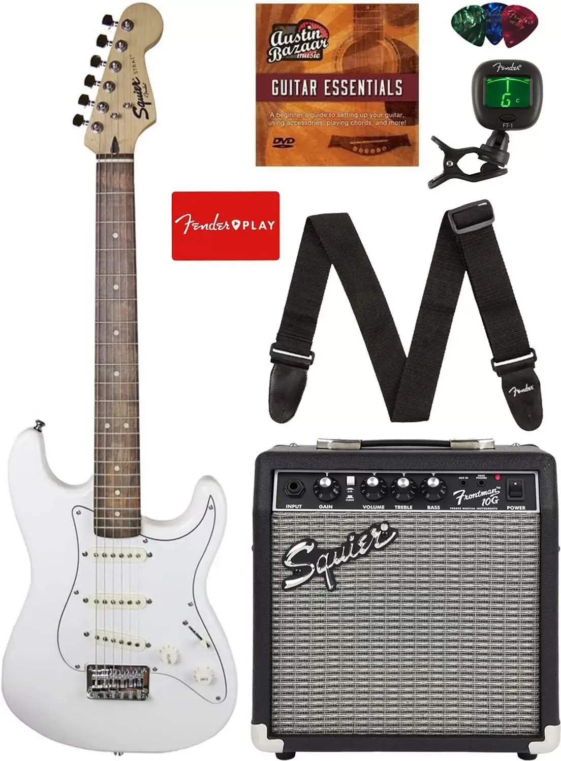 Fender Squier Stratocaster - Sunburst Bundle with Frontman 10G Amp, Gig Bag, Instrument Cable, Tuner, Strap, Picks, Fender Play Online Lessons, Instructional Book, and Austin Bazaar Instructional DVD