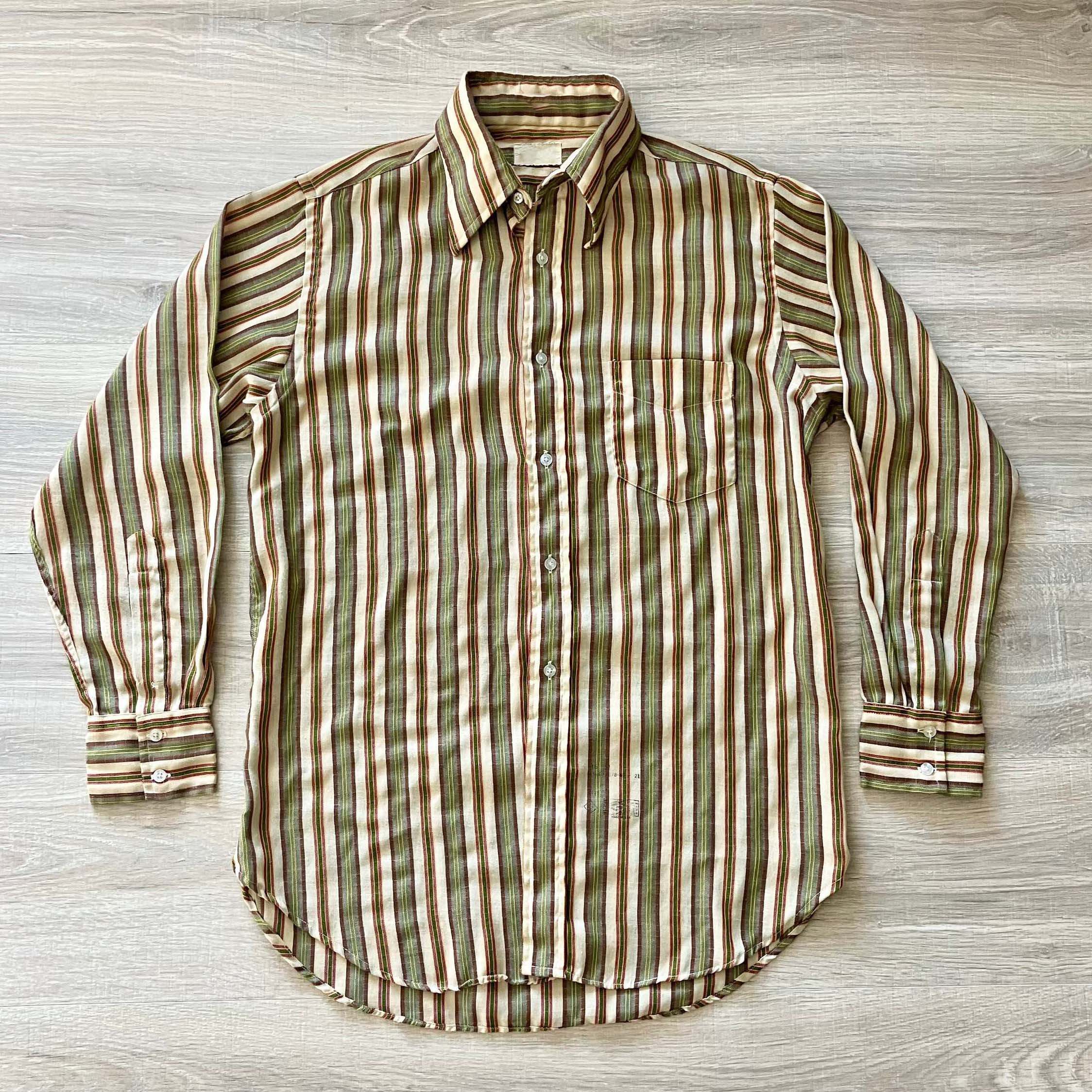 Men's Western Fashion Green and Yellow Striped Long Sleeve Shirt